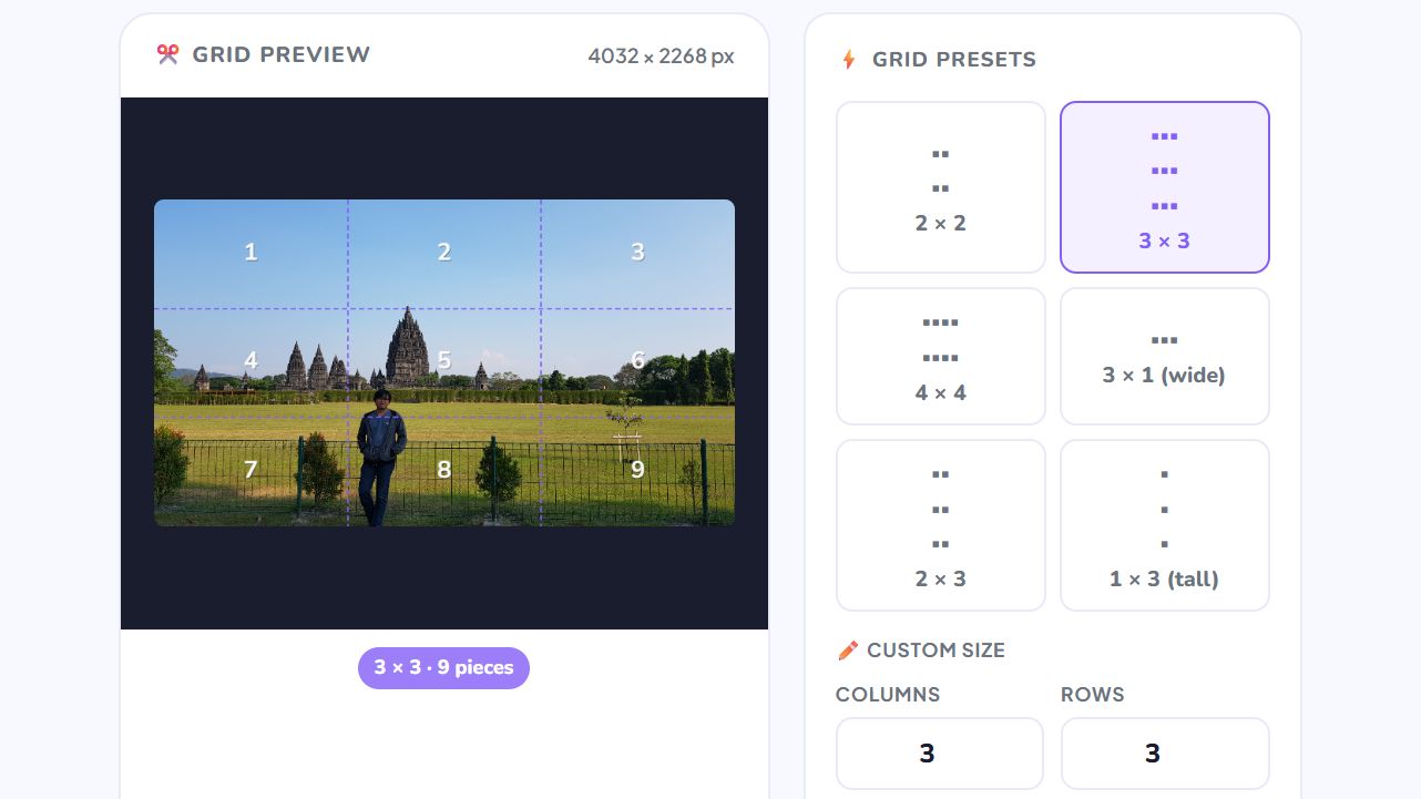 Split any image into equal grid pieces online for free